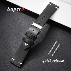 Handmade Retro Oil Wax Genuine Leather Watch Strap - Quick Release Calfskin - 22mm (Black)