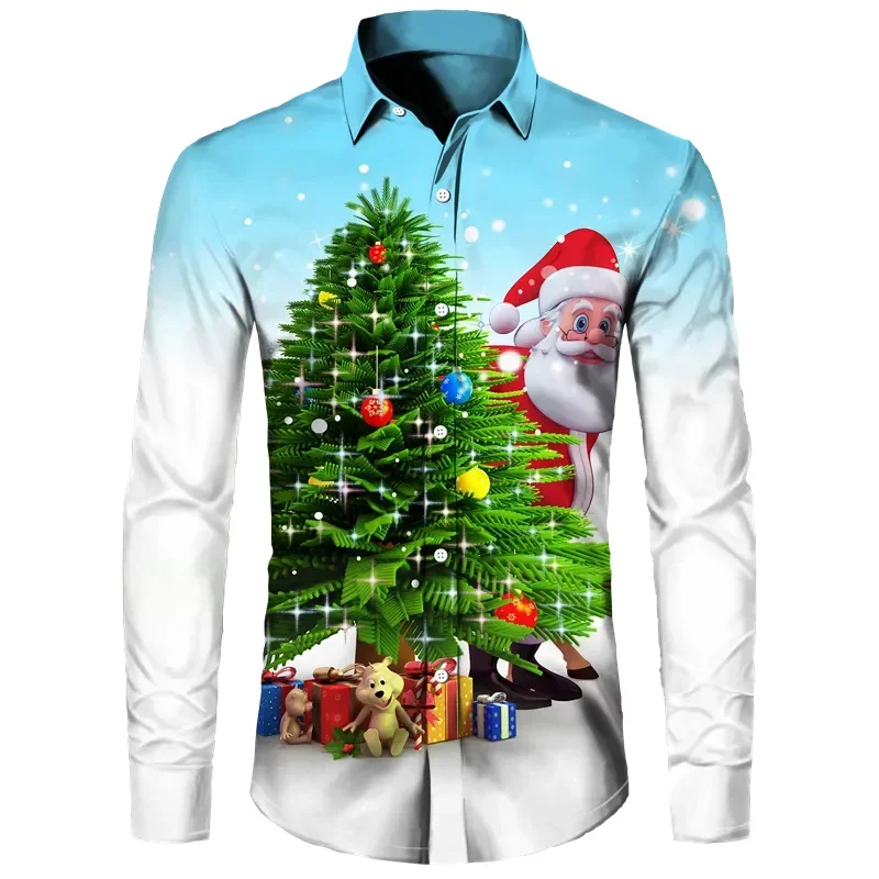 Men's High Quality Long Sleeve Christmas Printed Lapel Shirt Comfortable Soft Fabric Casual Holiday Party Top Christmas Gift
