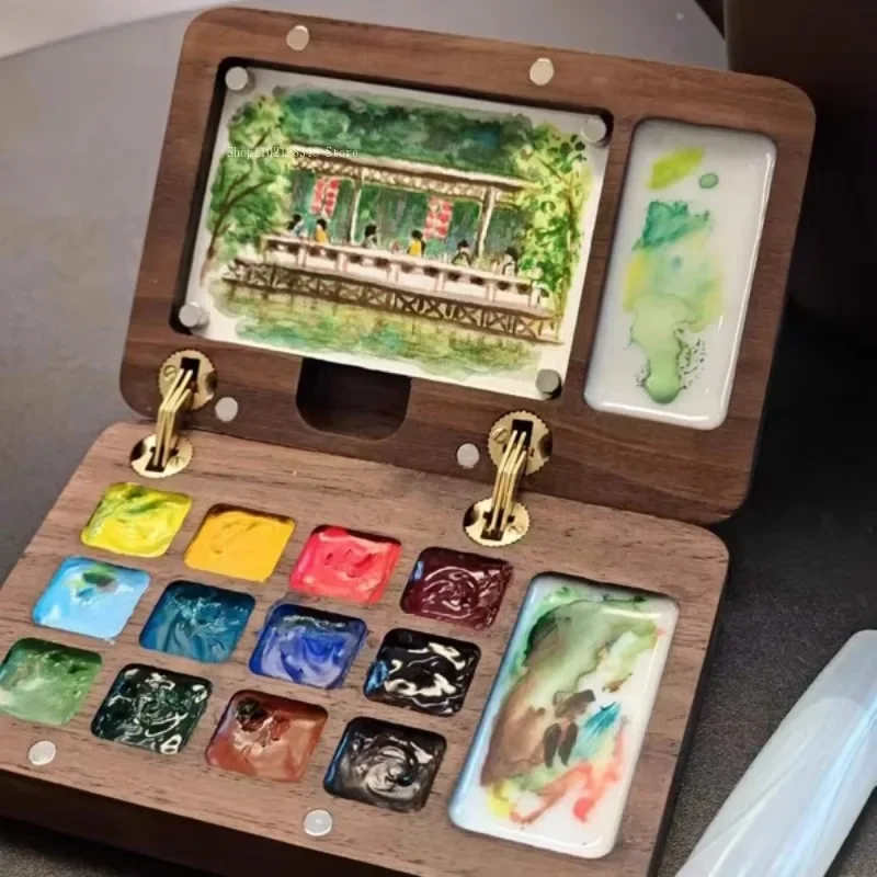 12 Color Fans You Solid Wood Watercolor Box Copper Inlaid Watercolor Box Drawing Paper Hand-Drawed Travel Sketchbook Art Draw portable watercolor set