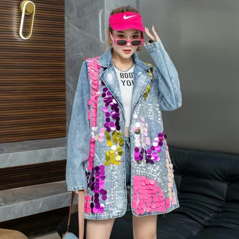 

Women's Denim Coat Pink Sequins Crystal Single Breasted Asymmetric Hand-Painted Jacket 2024 Spring New Fashion