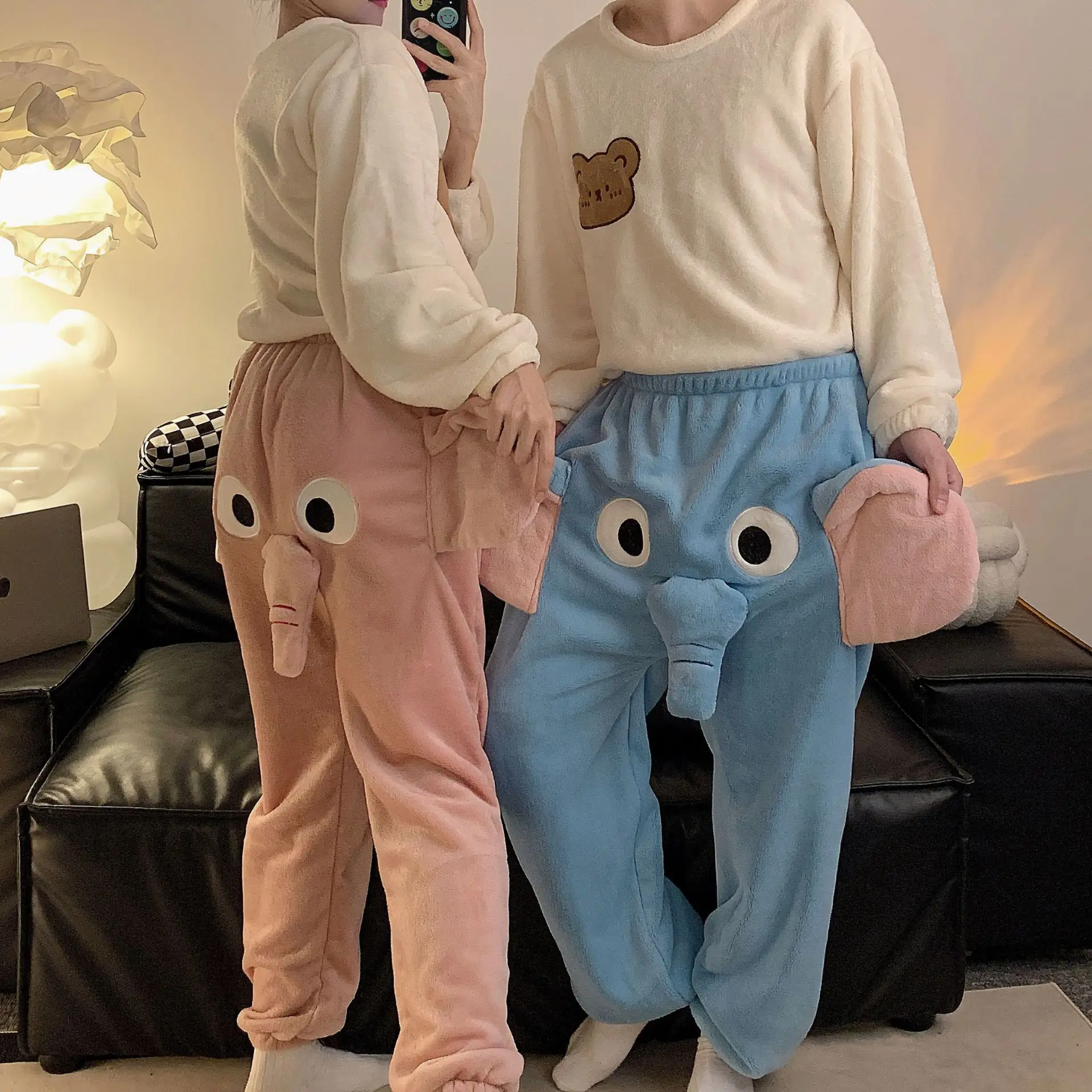 

Winter Coral Velvet Pajamas Pants Couple Cute Funny Elephant Nose Pants Winter Flannel Oversize Homewear Pants