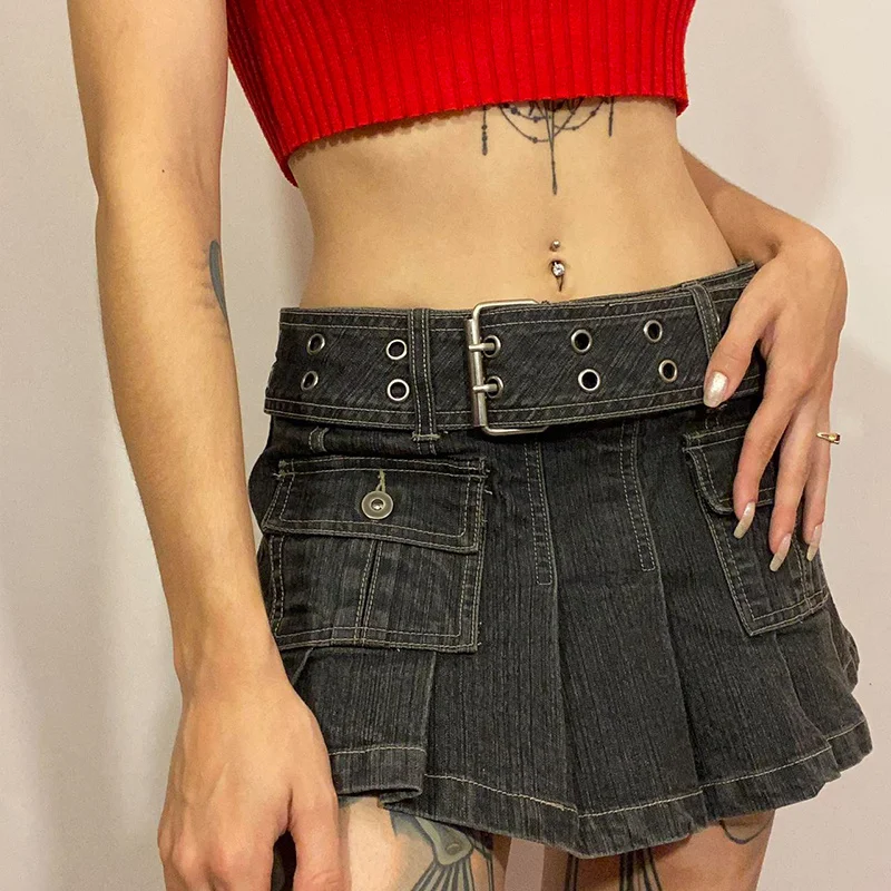 

Women Denim Mini Skirt Solid Color 90S Pleated Multi-Pocket Wrapped Hip Low Waist A-line Short Skirts with Belt Streetwear