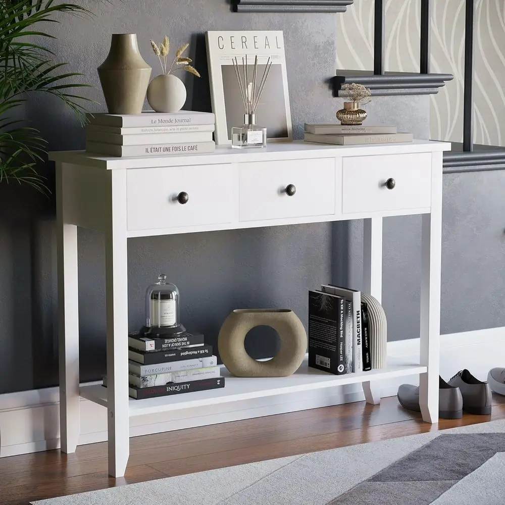 White Living Room and Hallway Table with Bottom Shelf (3 Drawers)