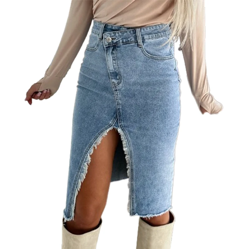 Women's Sweet Style Solid ColorSplit Wrap Hip Denim Skirt Female Korean Fashion Burrs Slim Fit Half-body Dresses Casual Commuter klein blue fashion denim strap pants women s 2023 summer commuter korean edition new blue capris set s xl