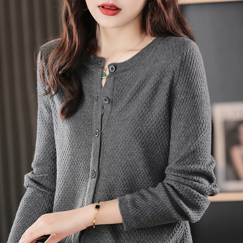 

Round Neck Imitation Wool Cardigan For Women's Spring Autumn Loose Fitting Long Sleeved Solid Color Basic Knit Sweater JacketTop