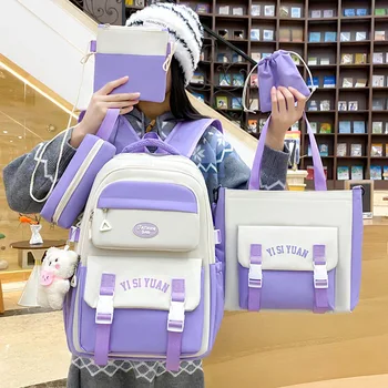 5pcs/Set Student Nylon School Bag for Girl Simple Large Capacity patchwork Backpack Versatile Multilayer Children Backpacks 1