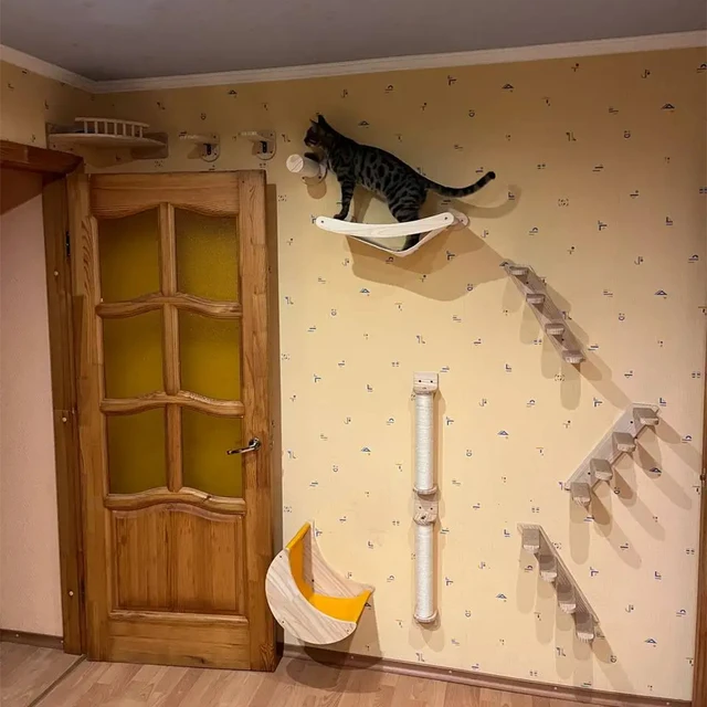 1 Piece Cat Wall Mounted Shelf Furniture Wooden Cat Bed and Scratcher Post with Climbing Ladder Steps for Kitten Play and Rest 6