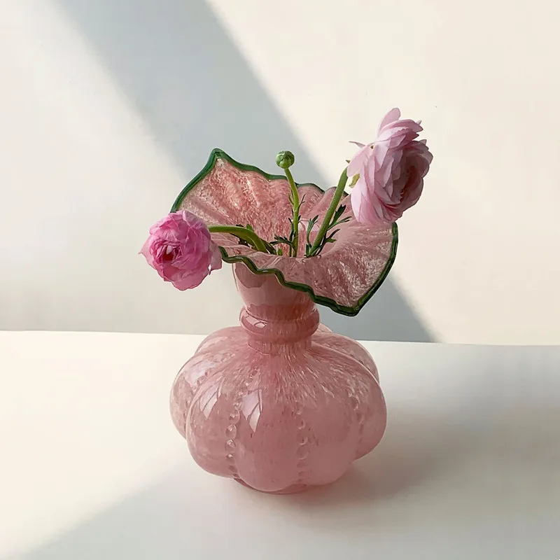 Glass Vase Pumpkin Shape Wave Edge Retro European Hand-made Glass Vase Floral Arrangement Accessories Terrarium Flower Vases 3