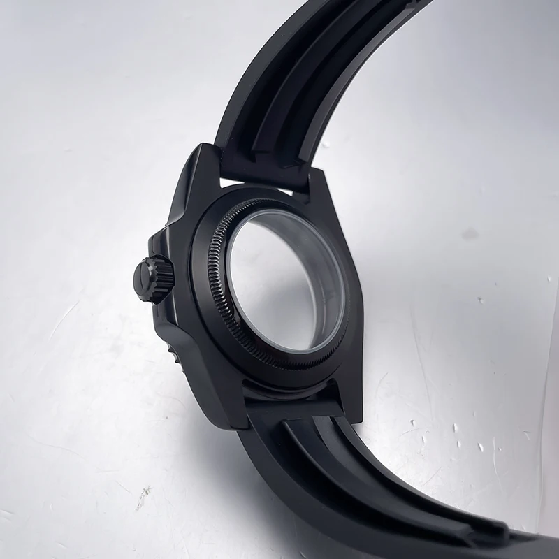 All-Black Sub Style Watch Case with Rubber Strap and Sapphire Crystal
