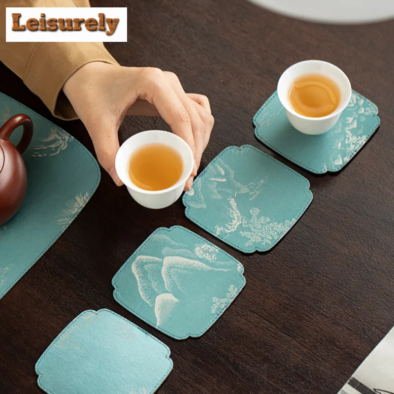 4pc/lot Mountain Round Double-sided Patent Satin Coasters Non-slip Coffee Cups Saucer Anti-scald Placemats Cup Holder Teaset