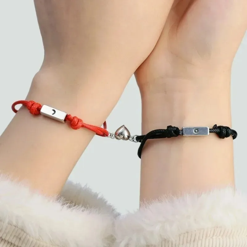 2pcs/set Magnetic Couples Bracelet Moon Sun Handmade Braided Heart Shaped Matching Attraction Adjustable Bracelets Jewelry Gifts