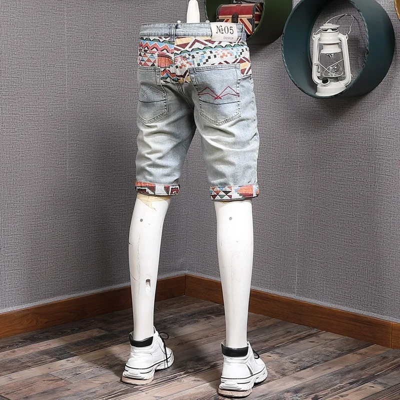 Ripped Denim Shorts Men Fashion Plaid Patchwork Short Jeans Streetwear Casual Light Blue Cotton Straight Pants