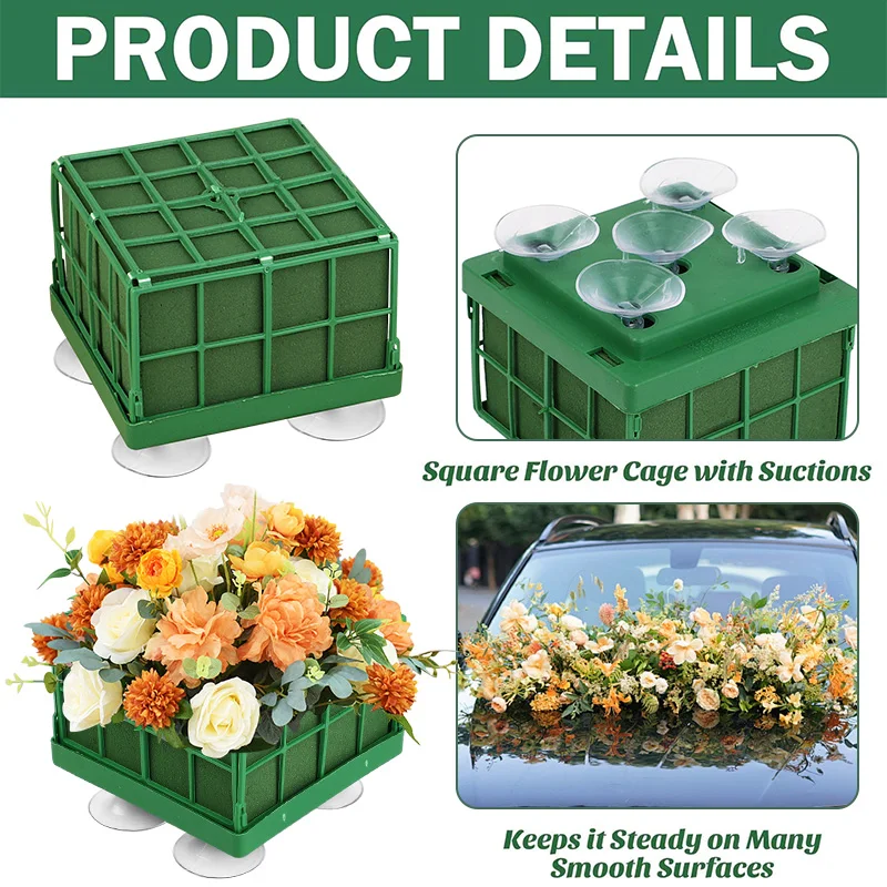 1-4Pcs Square Flower Foam Blocks with Suction Cup for Wedding Party Table Bouquet Arrangement Car Decoration Fresh Flower Holder