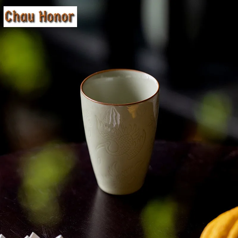 90ml Boutique Honey Glaze Ceramic Tea Cup Embossed Crane Art Smelling Cup Large Personal Master Cup Meditation Cup Kung Futeaset