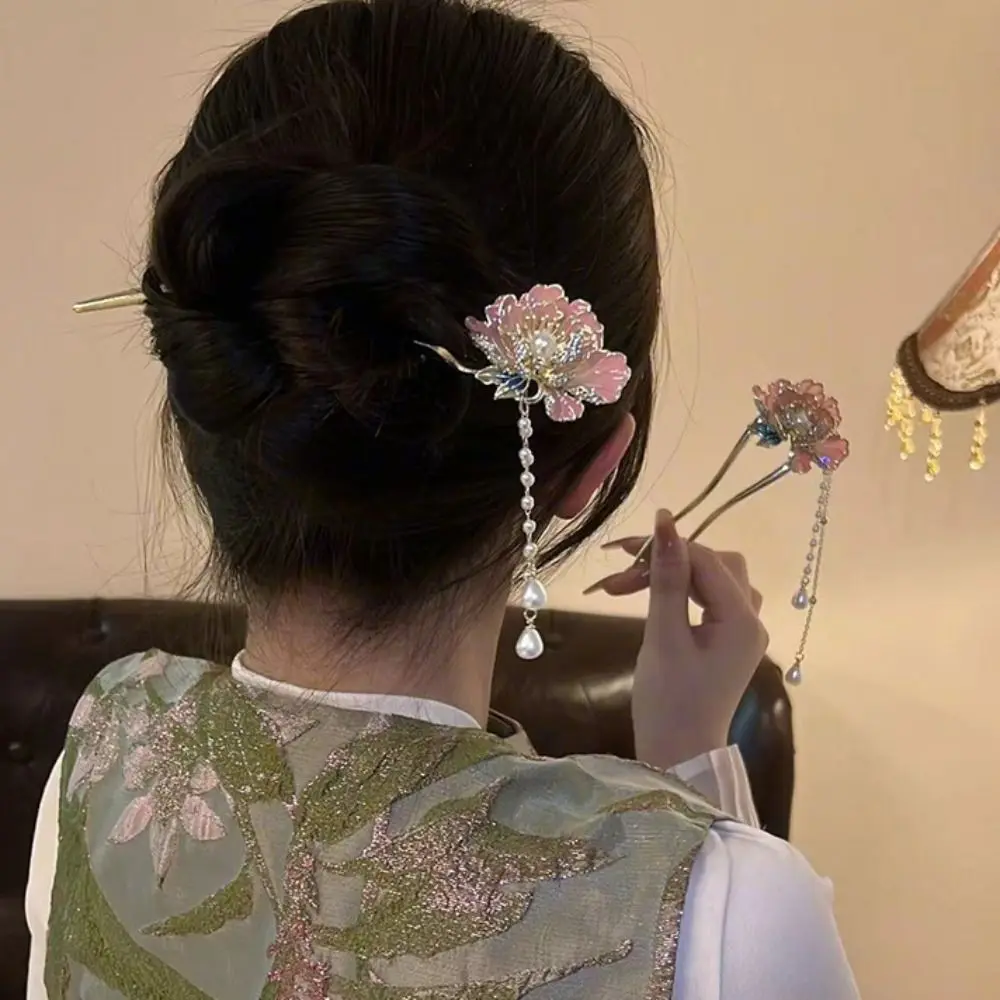 

Кисточки Hanfu, палочки для еды, головные уборы, U-образная шпилька для волос, цветок, вилка для волос, аксессуары для волос с жемчугом в китайском стиле, палочка для волос ежедневно