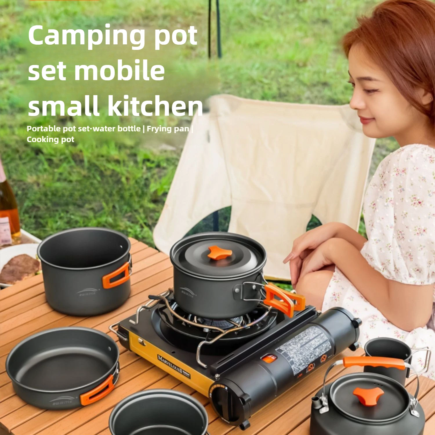 Portable Outdoor Hiking Cookware Set: Compact Teapot, Frying Pan, and Pot for Camping and Boiling Water