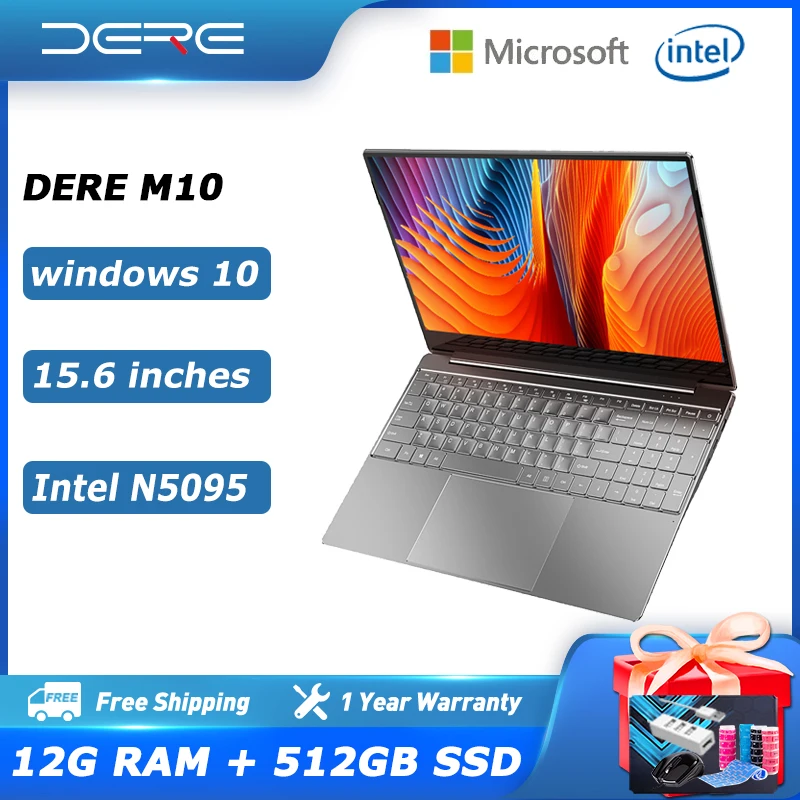 Dere Laptop M10 15.6&quot 12GB RAM 512GB SSD Intel Celeron N5095 Computer Dual Band Wifi Pc Portable 1920x1080 Windows 10 Notebook |