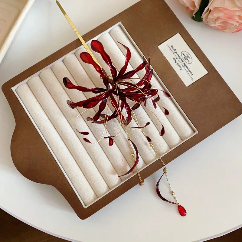 Fairy Red Spider Lily Flower Hair Sticks For Women Dripping Oil Tassel Hairpins Vintage Delicate Hanfu Chopsticks Wedding hair accessory hair stick hair headdress jewelry accessories bridal headwear