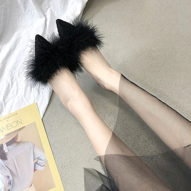 new women's set toe-shaped non-slip high heels fashion rubber bottom elastic cloth summer shallow fur shoes