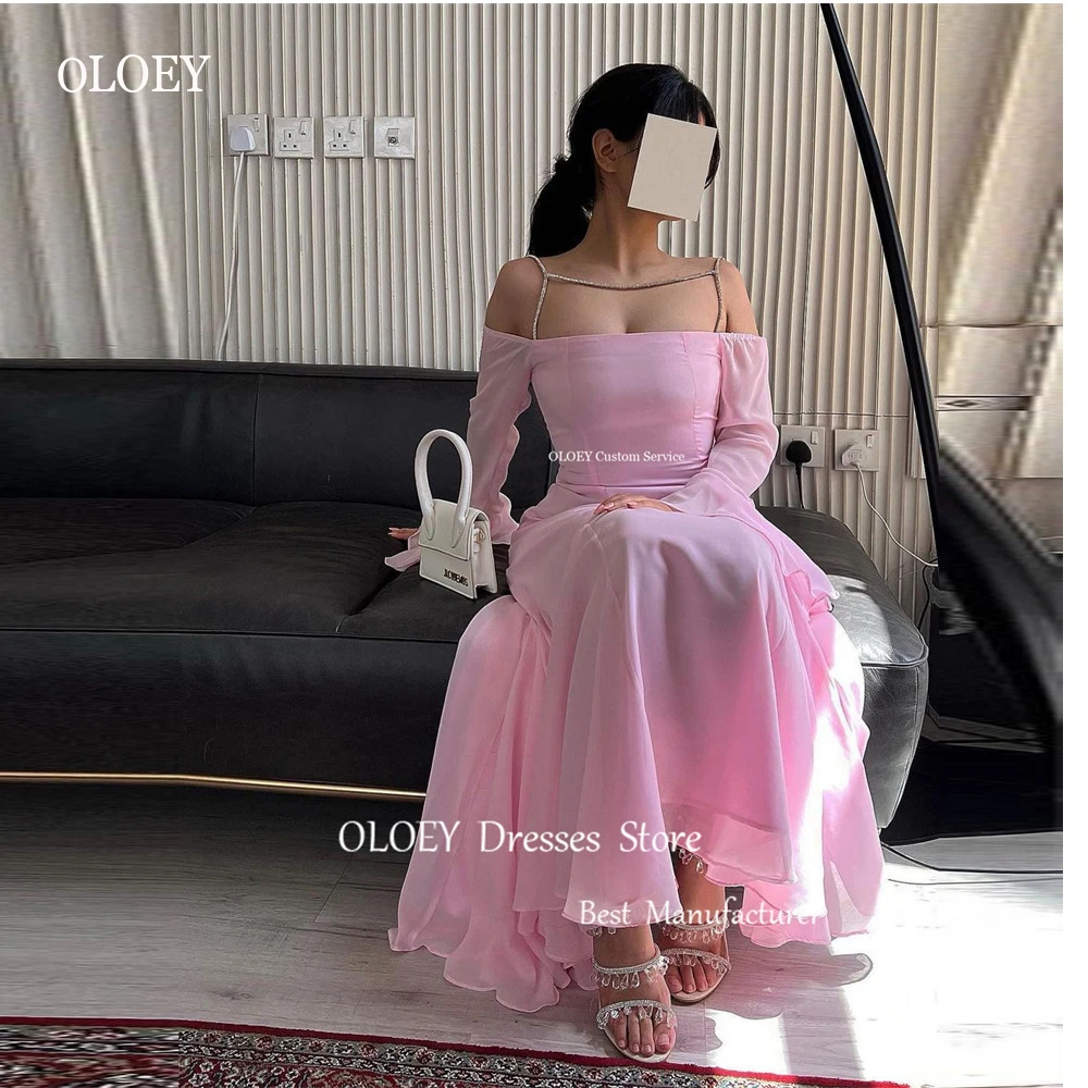 

OLOEY Pink Chiffon Evening Party Dresses Saudi Arabic Lady Off the Shoulder Crystal Straps Long Sleeves Prom Formal Gowns