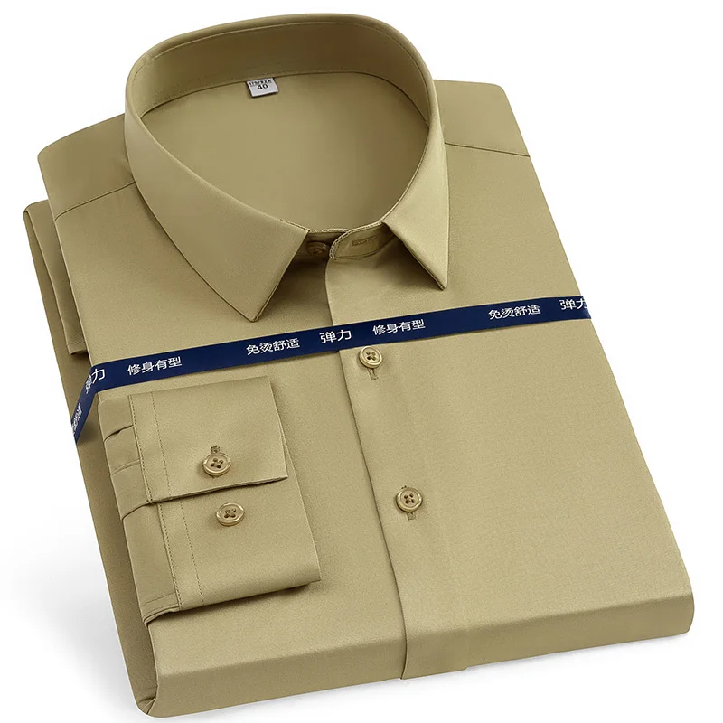 Men Long Sleeve Dress Shirts No Trace Elasticity Soft Cozy Pocket-less Formal Business Non-iron Slim Fit Social Smart Work Shirt