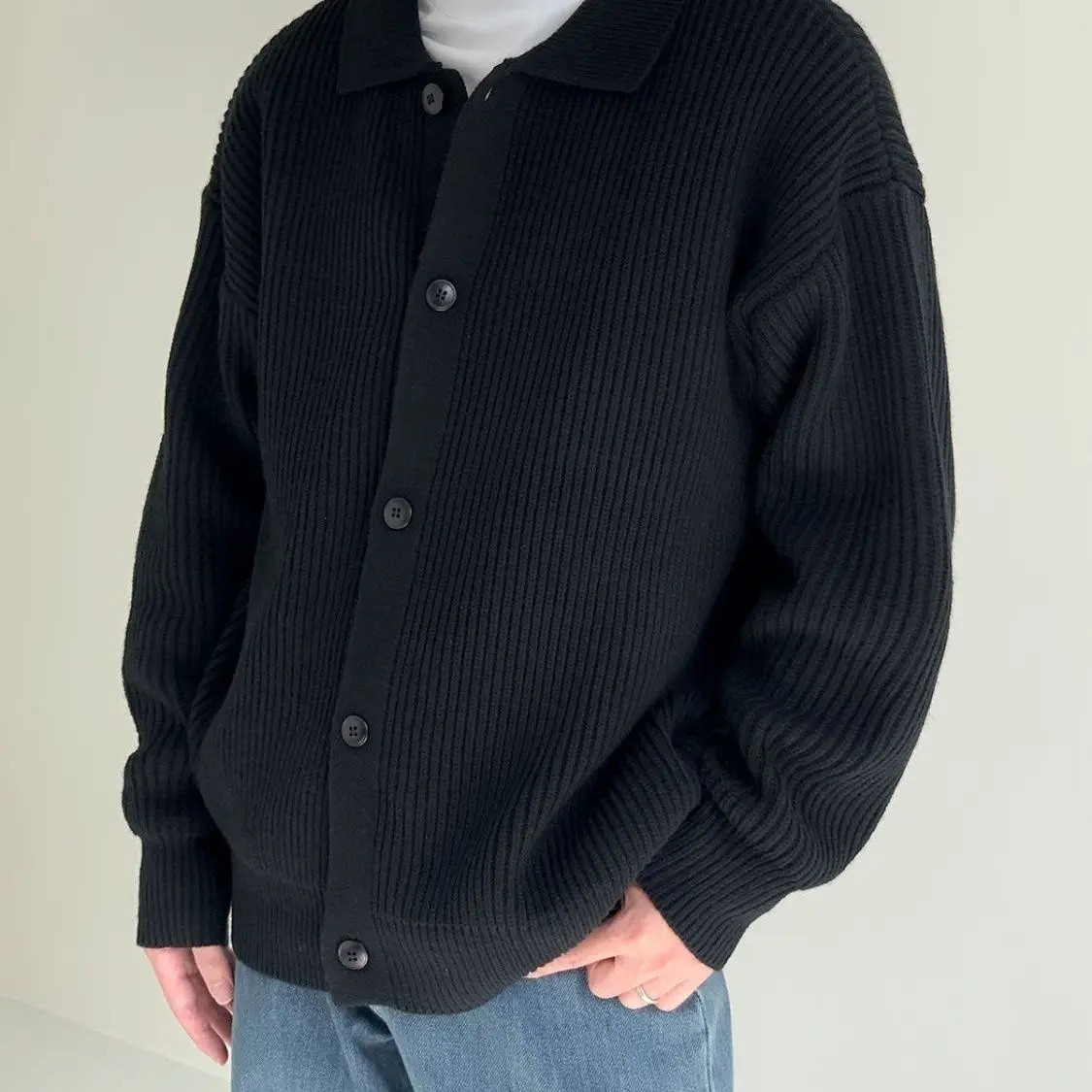 Autumn Fashion Casual Simple Mens Cardigans Sweater Solid Color Lapel Button Loose Long Sleeve Knitted Cardigan Sweater Coat
