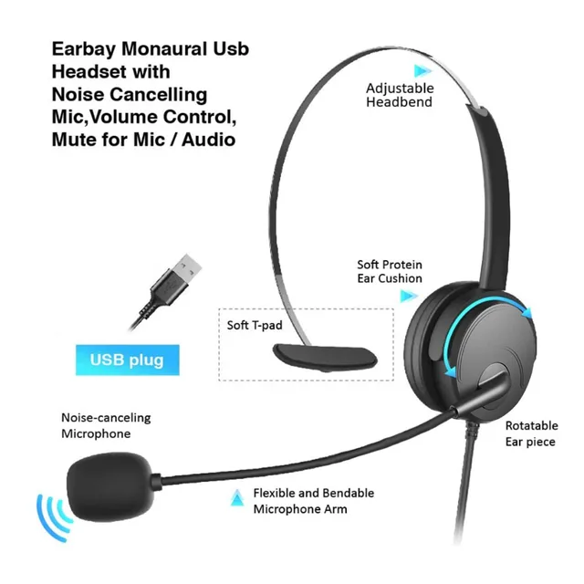 OY131 Single Ear Headset USB Headphones Head-mounted Computer Headphone for Right/Left Ear Call Center Headsets Volume Control 3