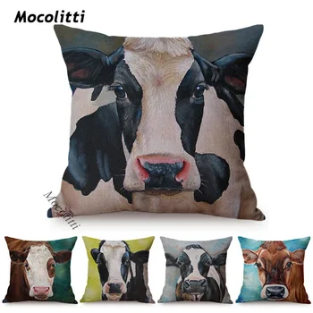 암소 유화 아트 장식 쿠션 커버, 유럽 농장 소 앨범 인쇄 베개 케이스, 코튼 리넨 사각 쿠션 커버