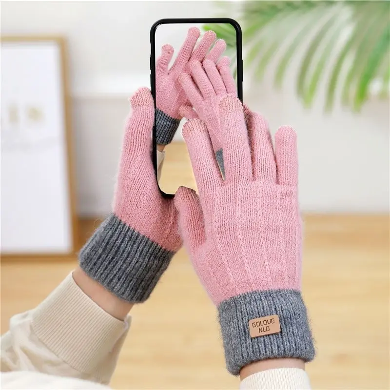 Gloves for Women In Winter Warm Imitation Cashmere Touch Screen Cute Student with Thick Velvet Knitted Five Finger Gloves - 6