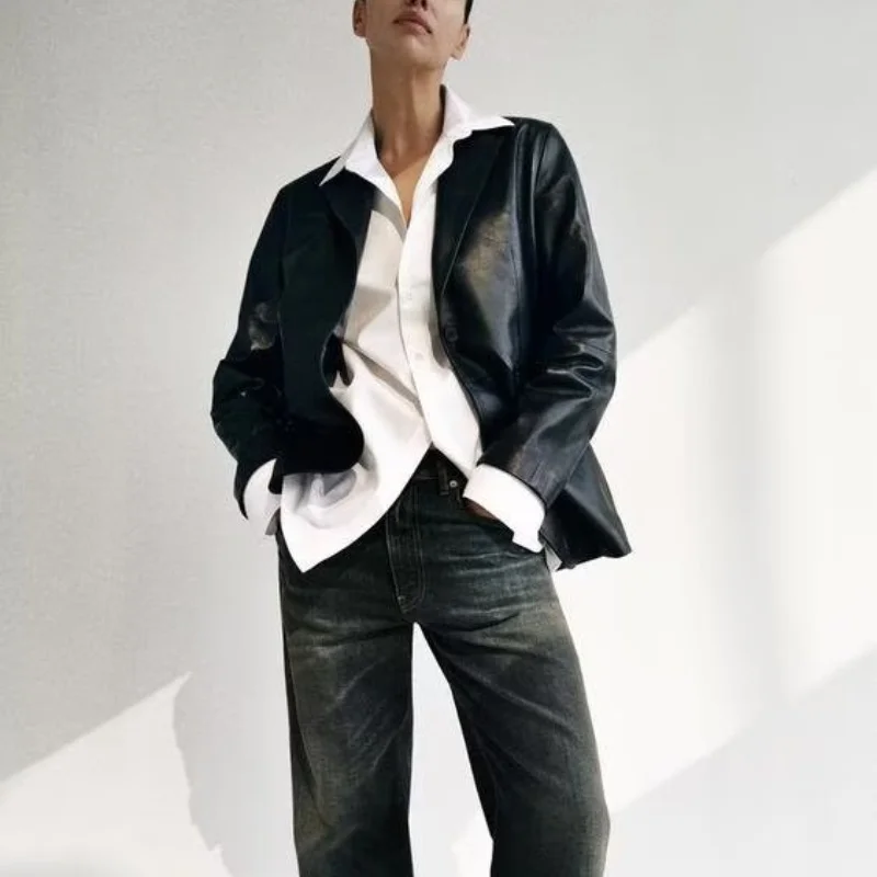 European and American style fashionable simple versatile PU imitation leather one-button suit jacket 2