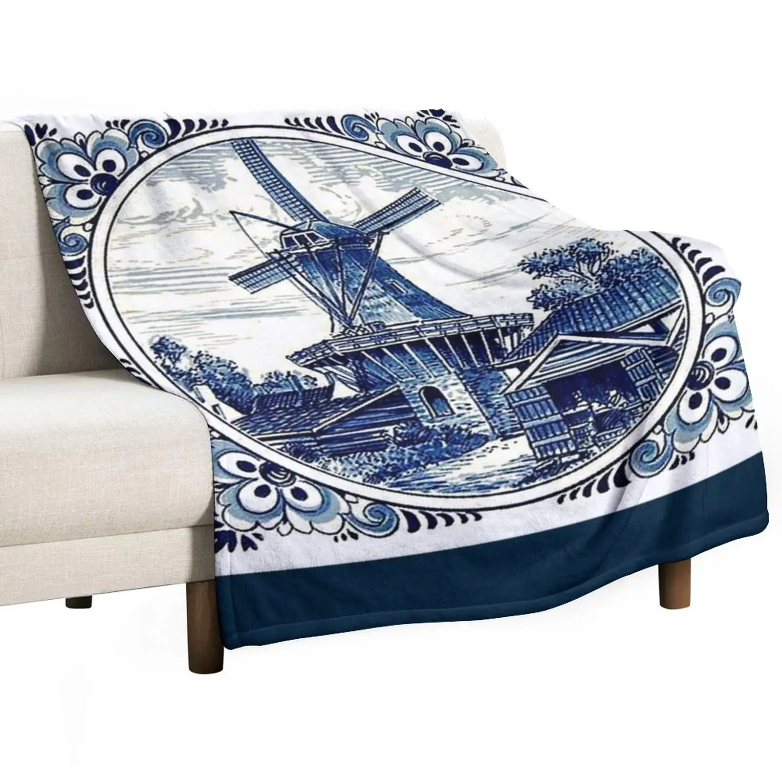 

DUTCH BLUE DELFT : Vintage WindmillPrint Throw Blanket Sofas Large Blanket