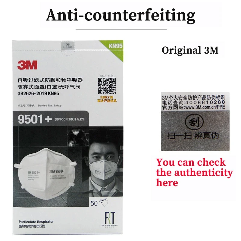 Paquet de 50 masques Type IIR 3M 9501/9502 scellé, étiquette visible, achetez protection fiable.