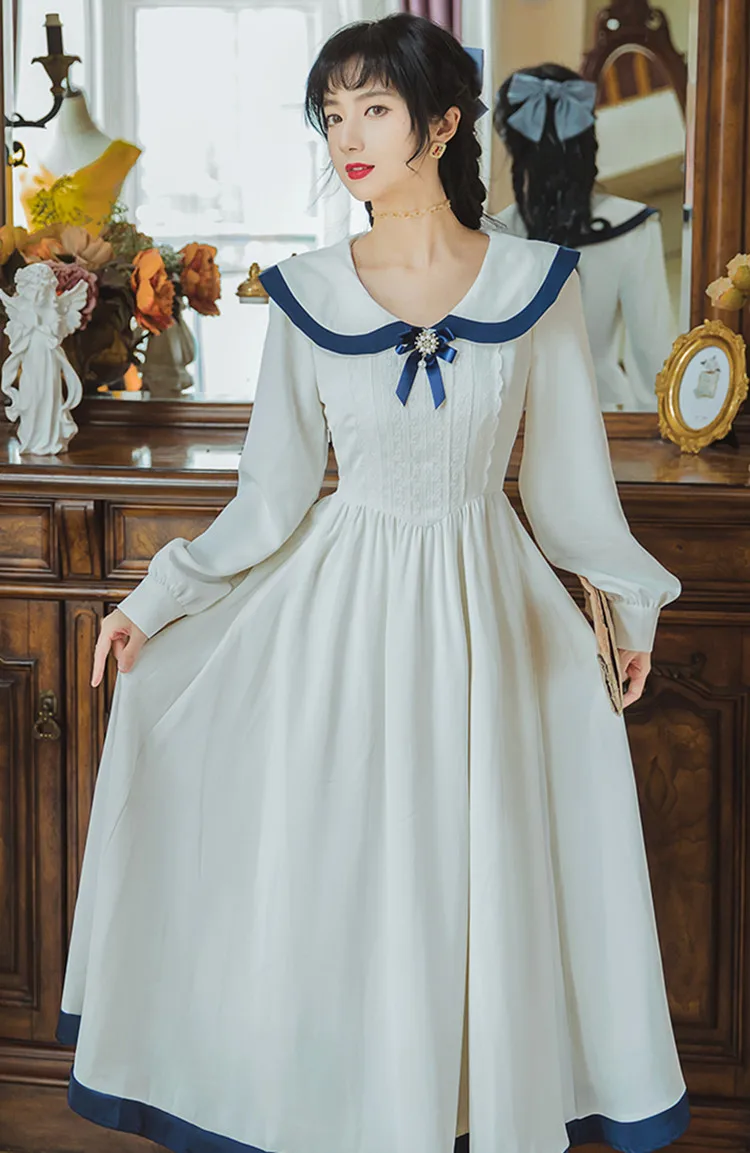 

Japan Preppy Style White Sailor Suit Women's Dress Fashion Retro Bowknot Sen Girl Straw Dress Vest White Robe White Women