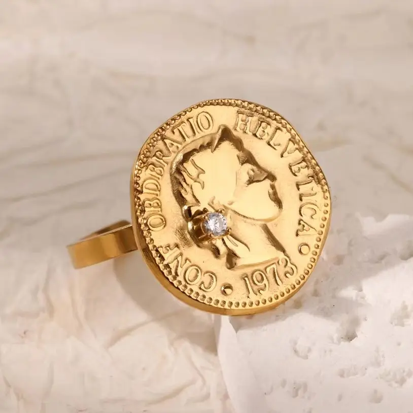 Zircon Round Portrait Rings Gold Color Stainless Steel Womens Opening Ring