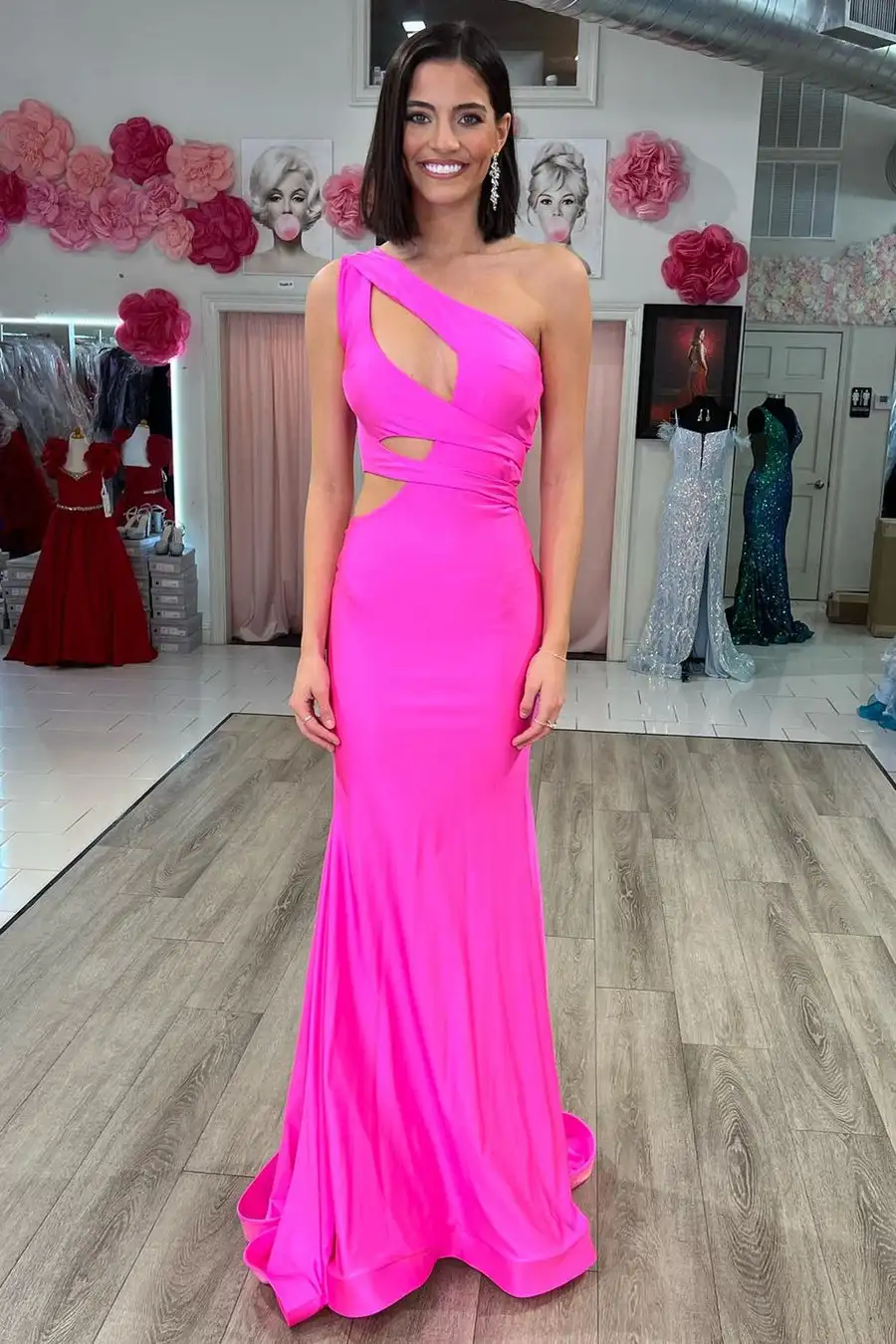 

One-Shoulder Cutout Mermaid Long Formal Prom Gown Sweep Train Wedding Party Gowns Sleeveless V-Neck Floor Length Party Dress