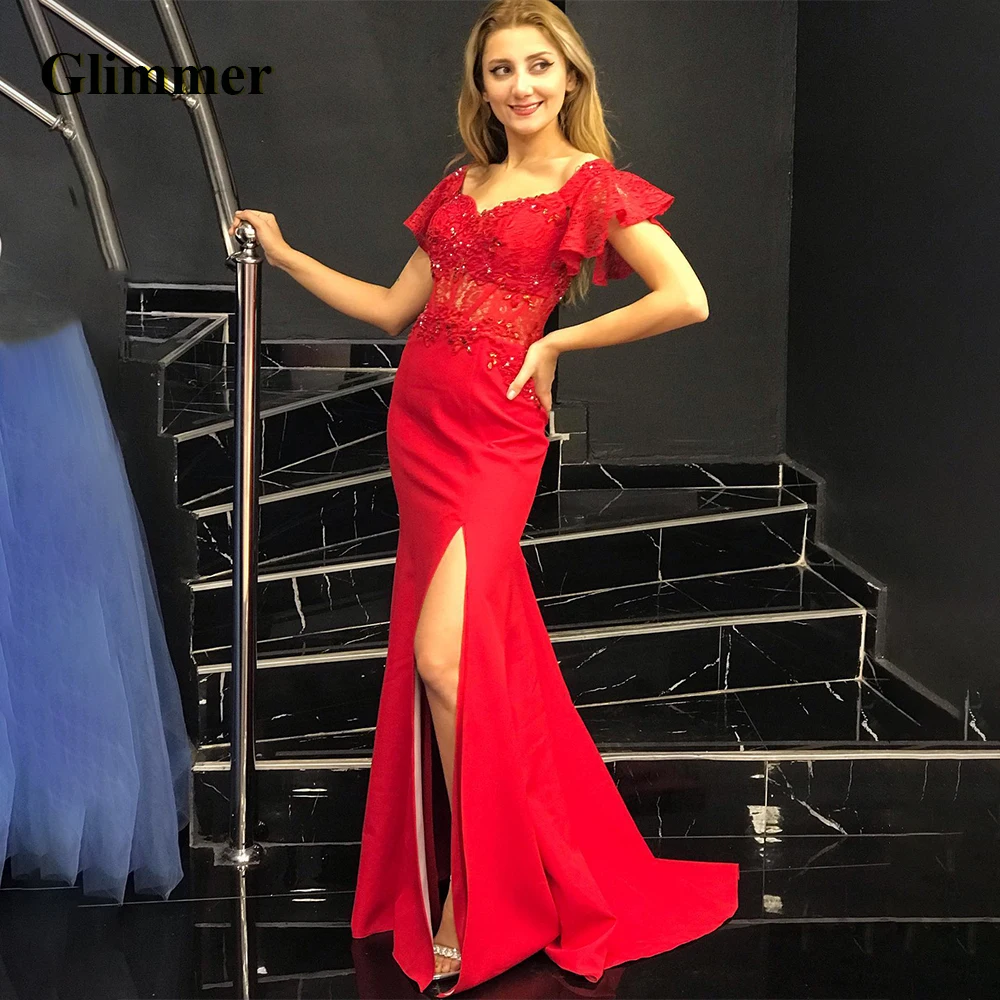 

Glimmer Attractive Sweetheart Graduation Dresses Trumpet Appliques Lace Slit Corset Brush Train Robes De Soiree Personalised