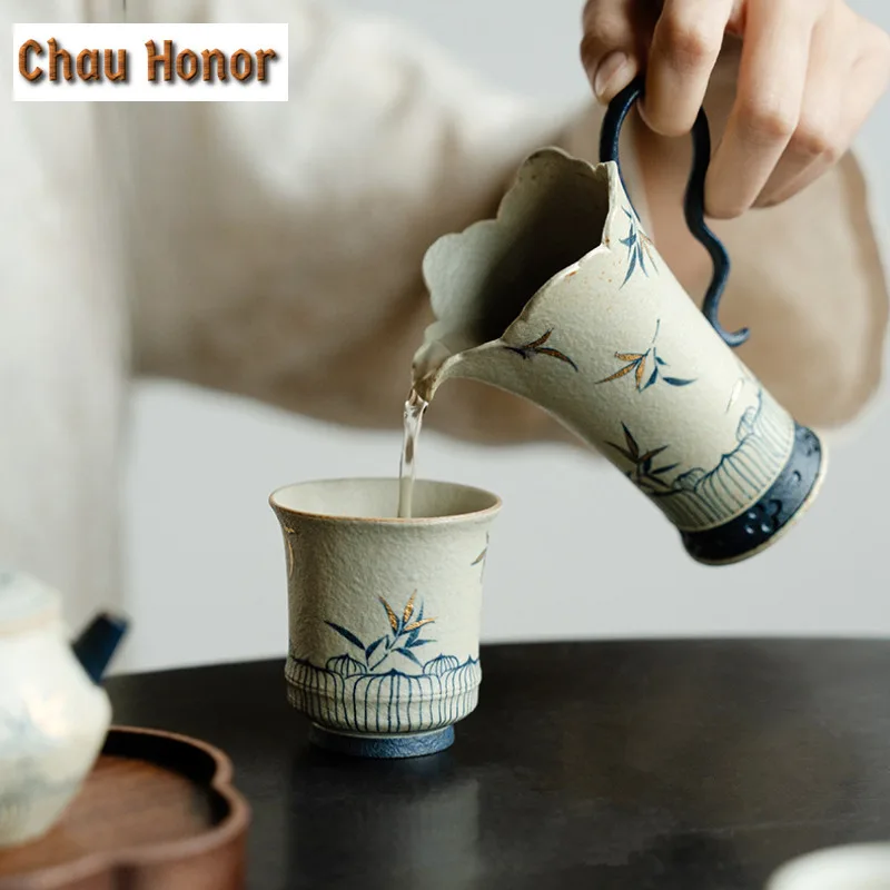 95ml Handmade Gold Drawing Bamboo Shadow Teacup Blue And White Flint Red Ceramic Master's Cup Large Smelling Fragrant Mug Gifts