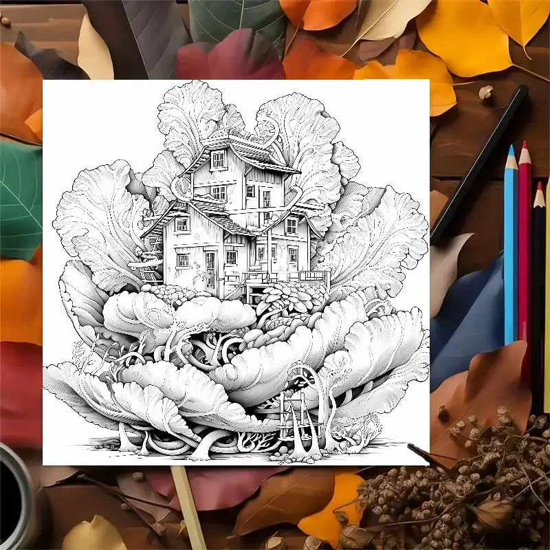 Whimsical Tree House Adult Picture Book Enchanting Mushroom Home Micro World Sketches Perfect Pencil Coloring Book 3