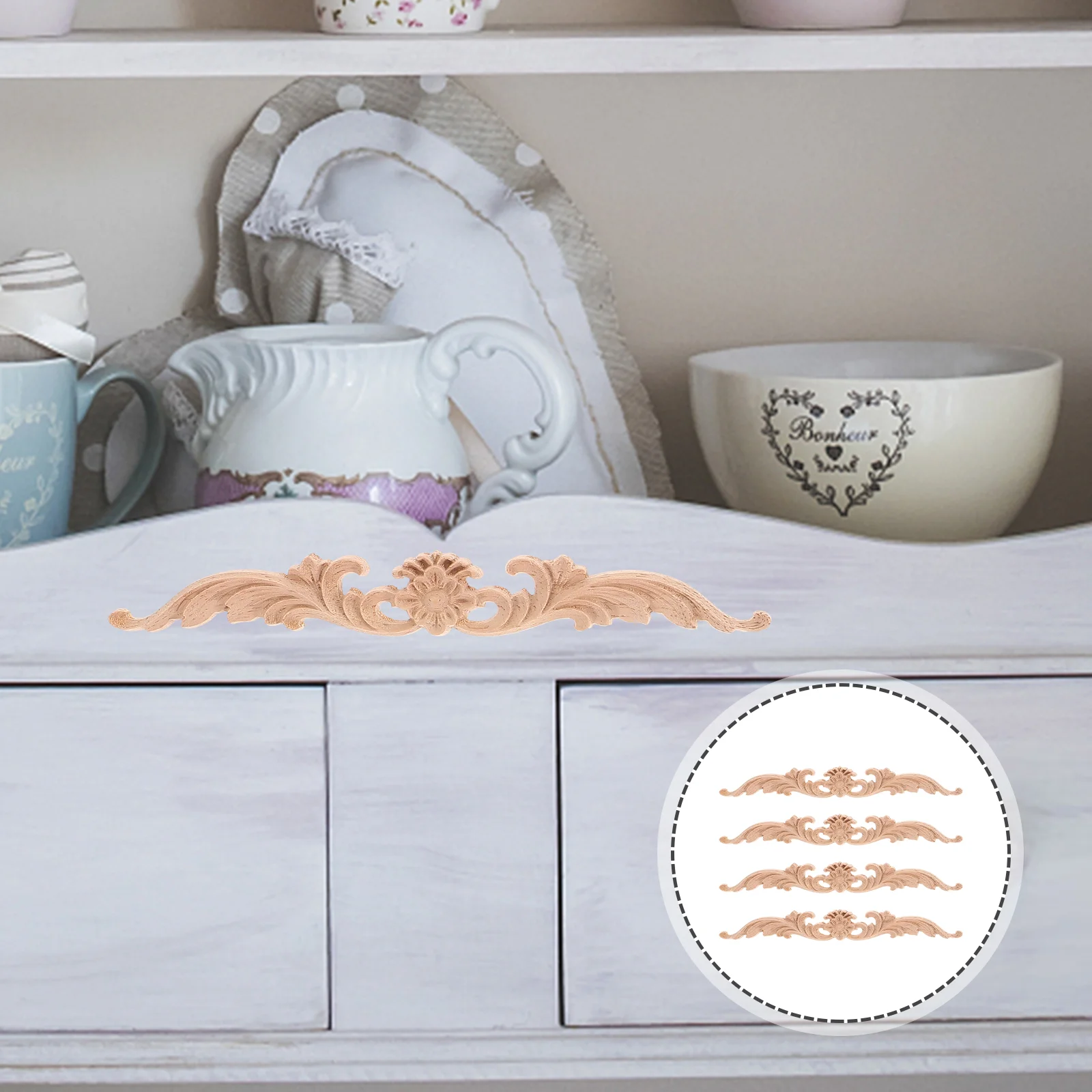 

4 Pcs Wood Applique Carving Solid Retro Decor Frame Appliques Dresser Decorative