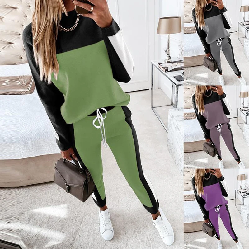 3XL Womens Tracksuit Casual Sweatshirts Autumn Patchwork Pants 2 Pieces Set Long Sleeve Pullover Drawstring Pant Sportswear Pink