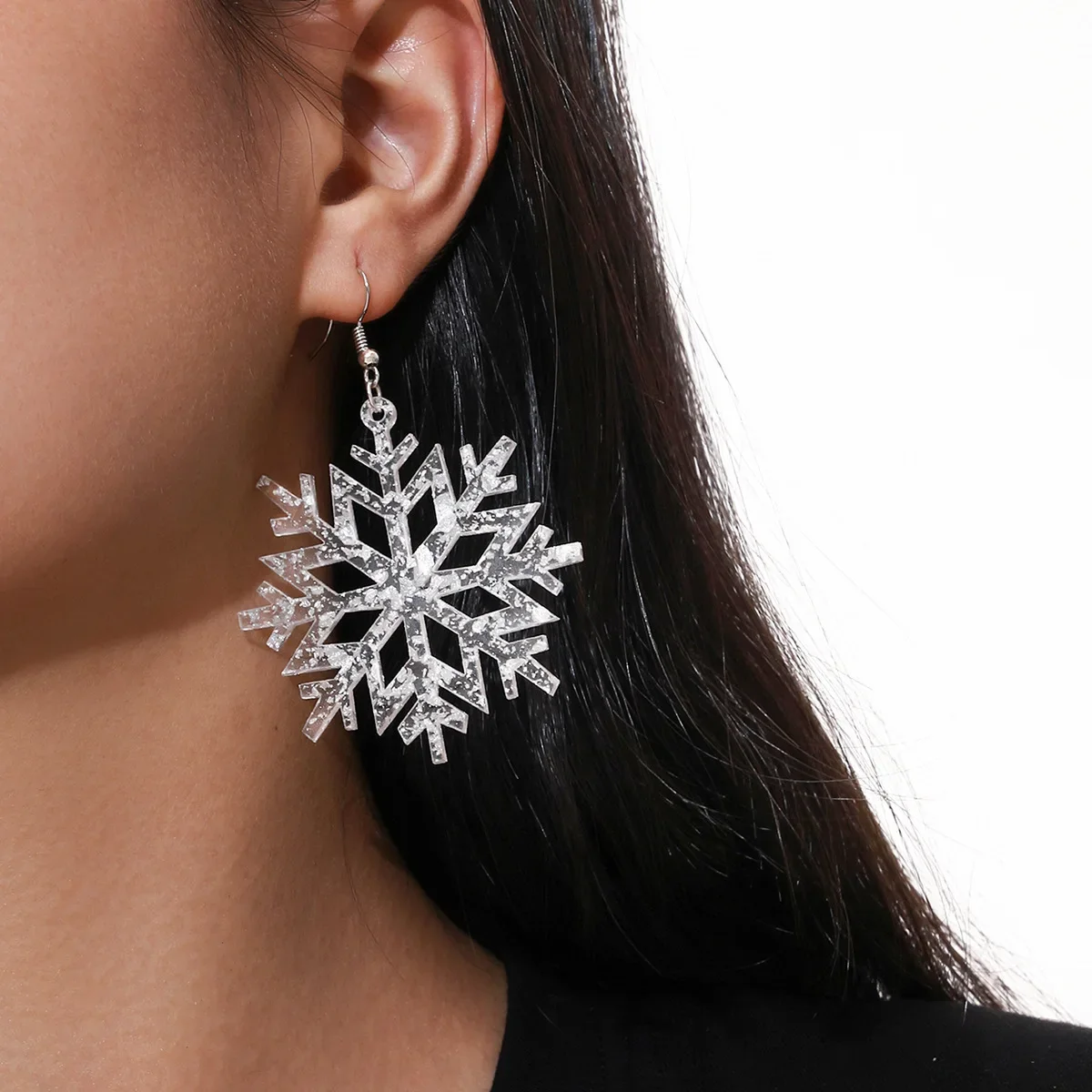 

Christmas White Snowflake Sequin Acrylic Hook Dangle Earrings