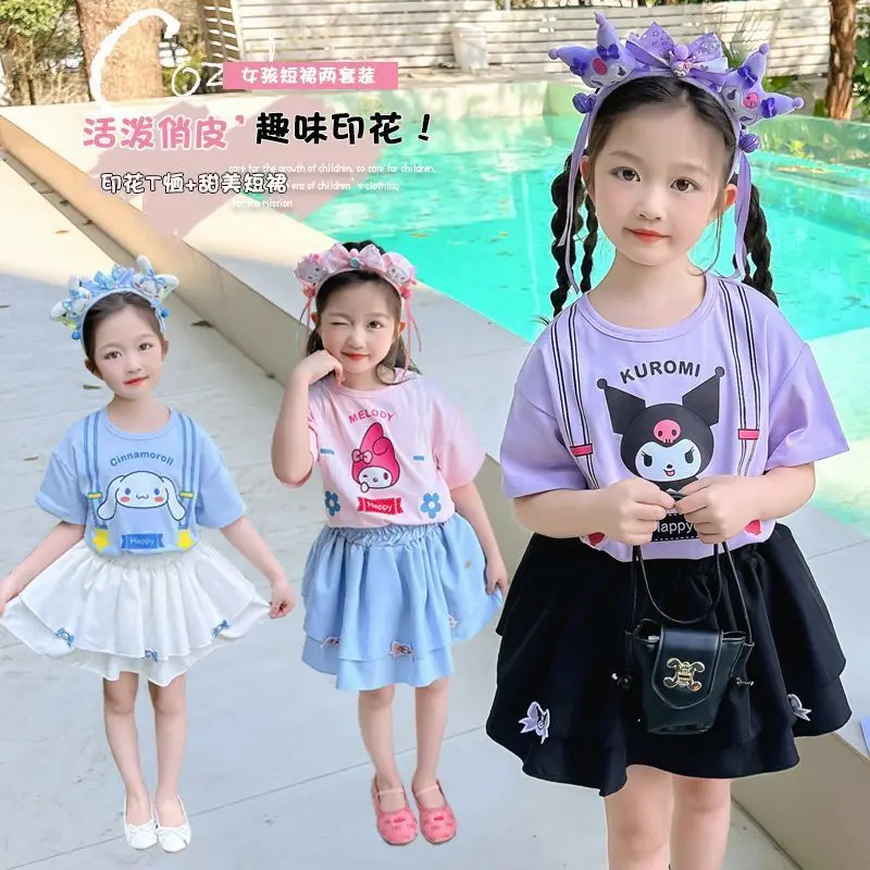 Sanrio Kuromi 마이 멜로디 걸스 반팔 반바지 정장 여름 Cinnamoroll 슬링 조끼 바지 투피스 세트 아동 의류