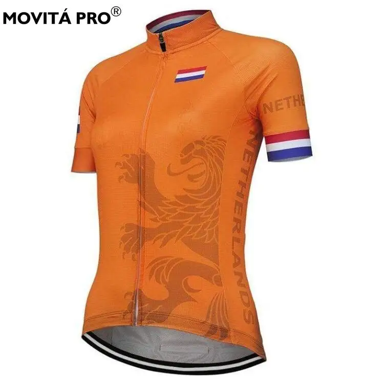 Movita Pro Netherland Women Cycling Jersey Orange Top Shirts Slim Fit Short Sleeve Breathable Gym Cycling Clothes with Pockets