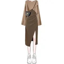 New Autumn Women's Knitted 2 Piece Set Chic Office Ladies Retro Loose Sweater+ Dress Suit
