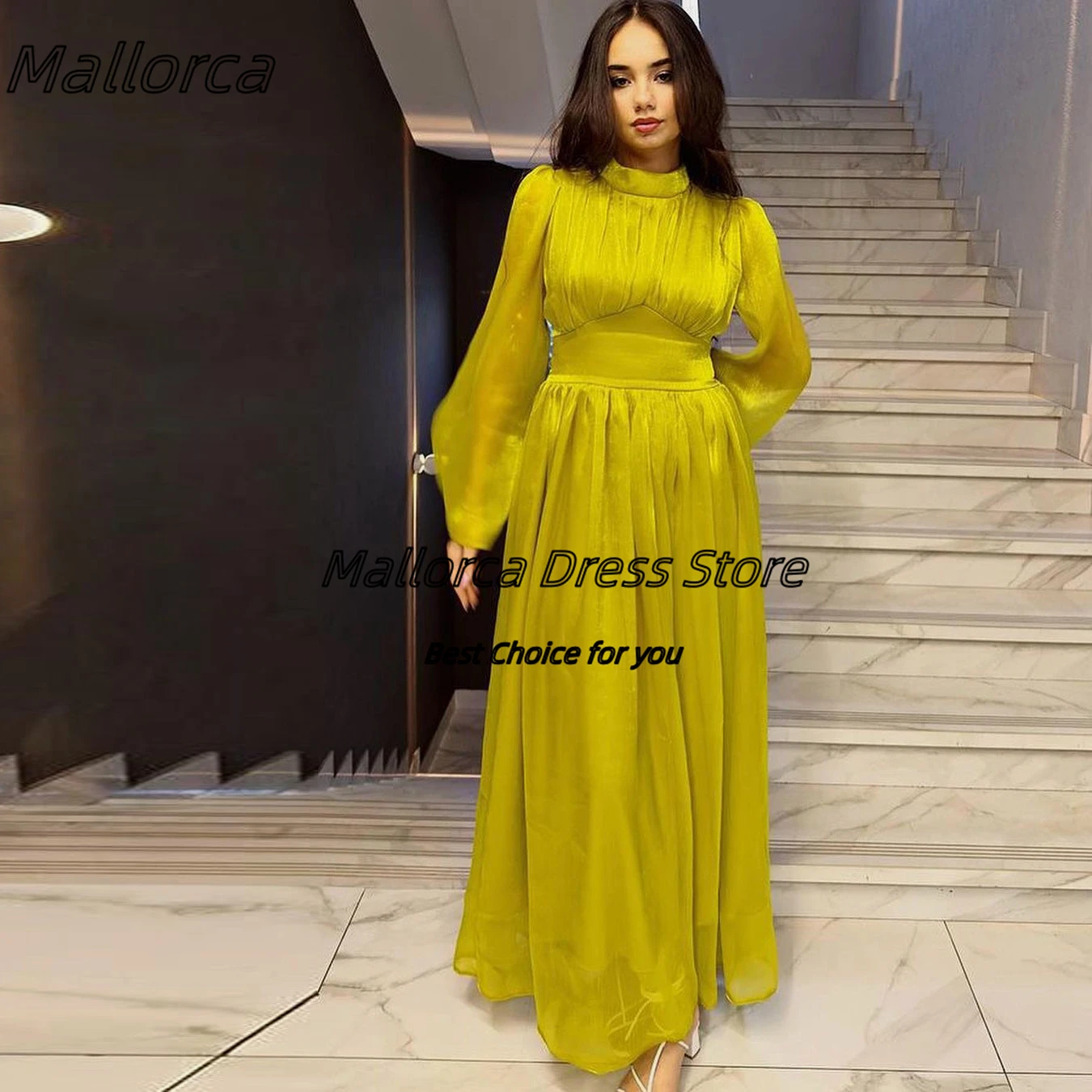 

Mallorca Dubai Women Wear Dresses for Prom 2024 High Collar Long Sleeves Evening Dress Zipper Back Wedding Party Ladies Gowns