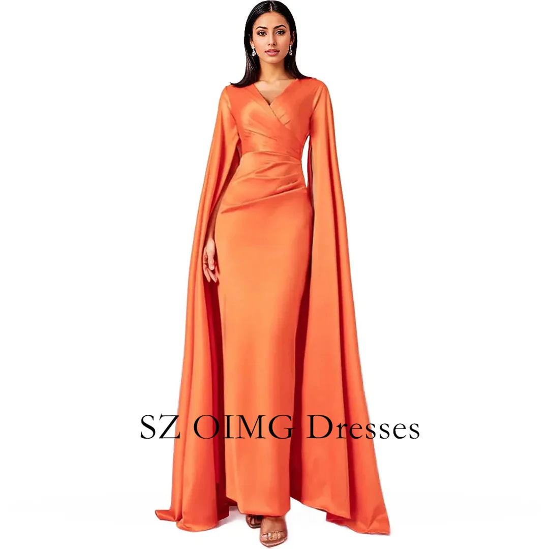 

OIMG V-Neck Crepe Satin Crystal Vintage Orange Evening Dress Prom Gowns with Cape Sleeves Wedding Party Gowns For Women 2024