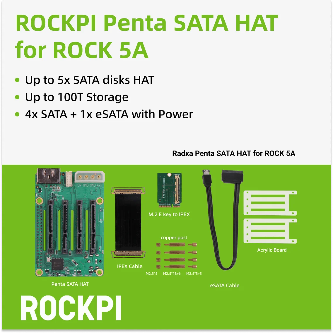 ROCKPI Penta SATA HAT Up to 5x SATA disks HAT for Raspberry Pi 5 and ROCK Pi SBCs 3C 5A 4A / 4B / 4SE 4A+ 4B+ 3A raspberry pi expansion board