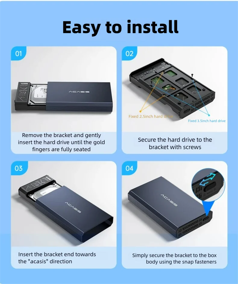 ACASIS 2.5/3.5인치 HDD 인클로저 어댑터 5Gbps 알루미늄 합금 USB 3.0 to SATA HDD 케이스 24TB 확장 HDD 박스 (PC/노트북용)