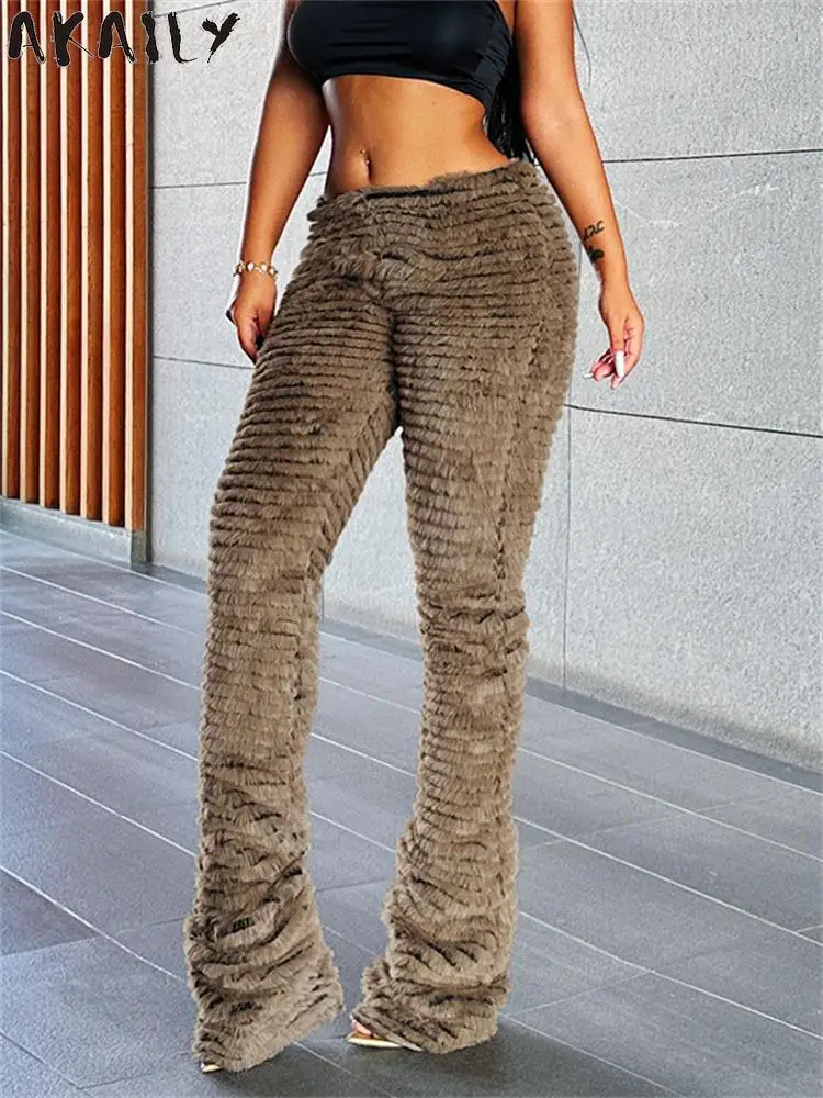 

Akaily Autumn Sexy Black White Striated Pants Club Party For Women 2023 Fashion Street Coffee Body Villus High Waist Pants