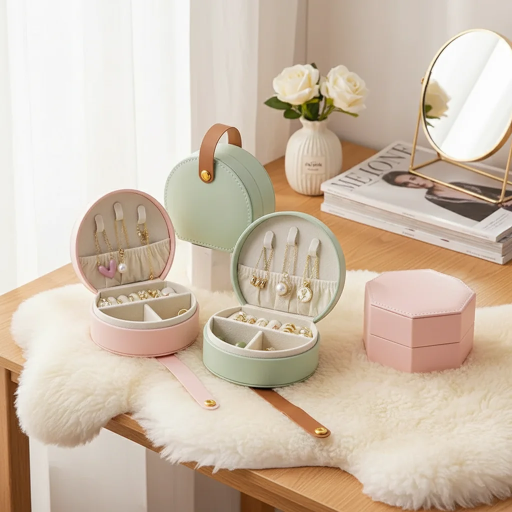 Compact Leather Travel Jewelry Organizer with Portable Storage for Earrings, Necklaces, and Rings